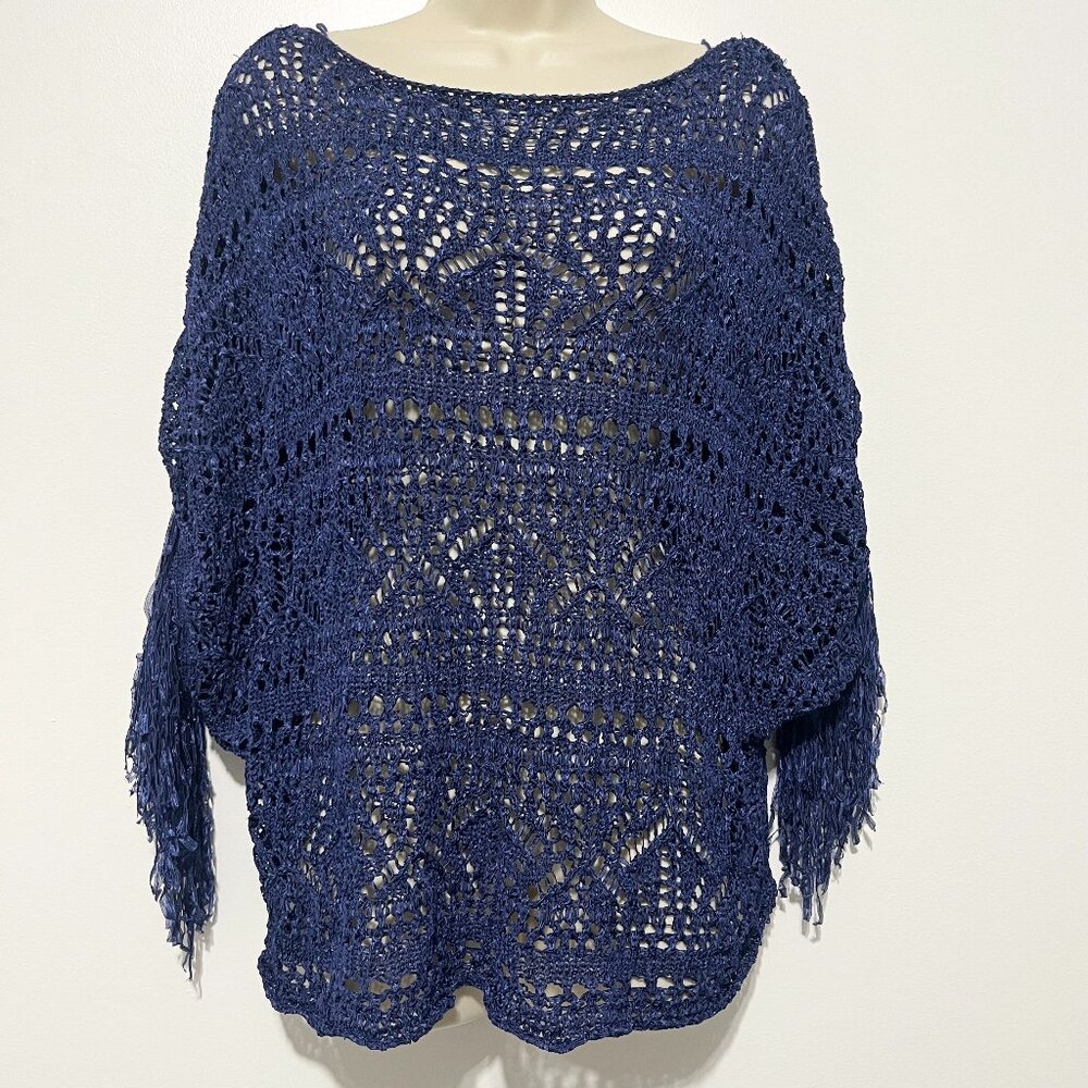 White House Black Market Womens Open Knit Fringe Poncho XL Blue Hippie Gypsy